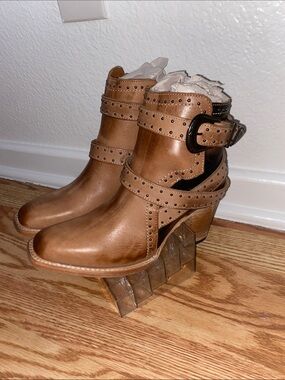 Studded Tan Leather Ankle Booties with Buckle Strap - Women